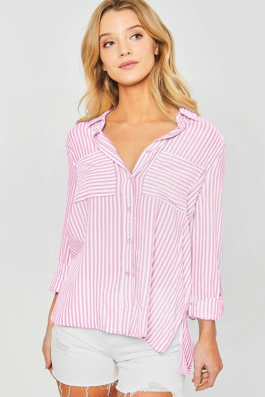 Striped Blouse Rolled Sleeve